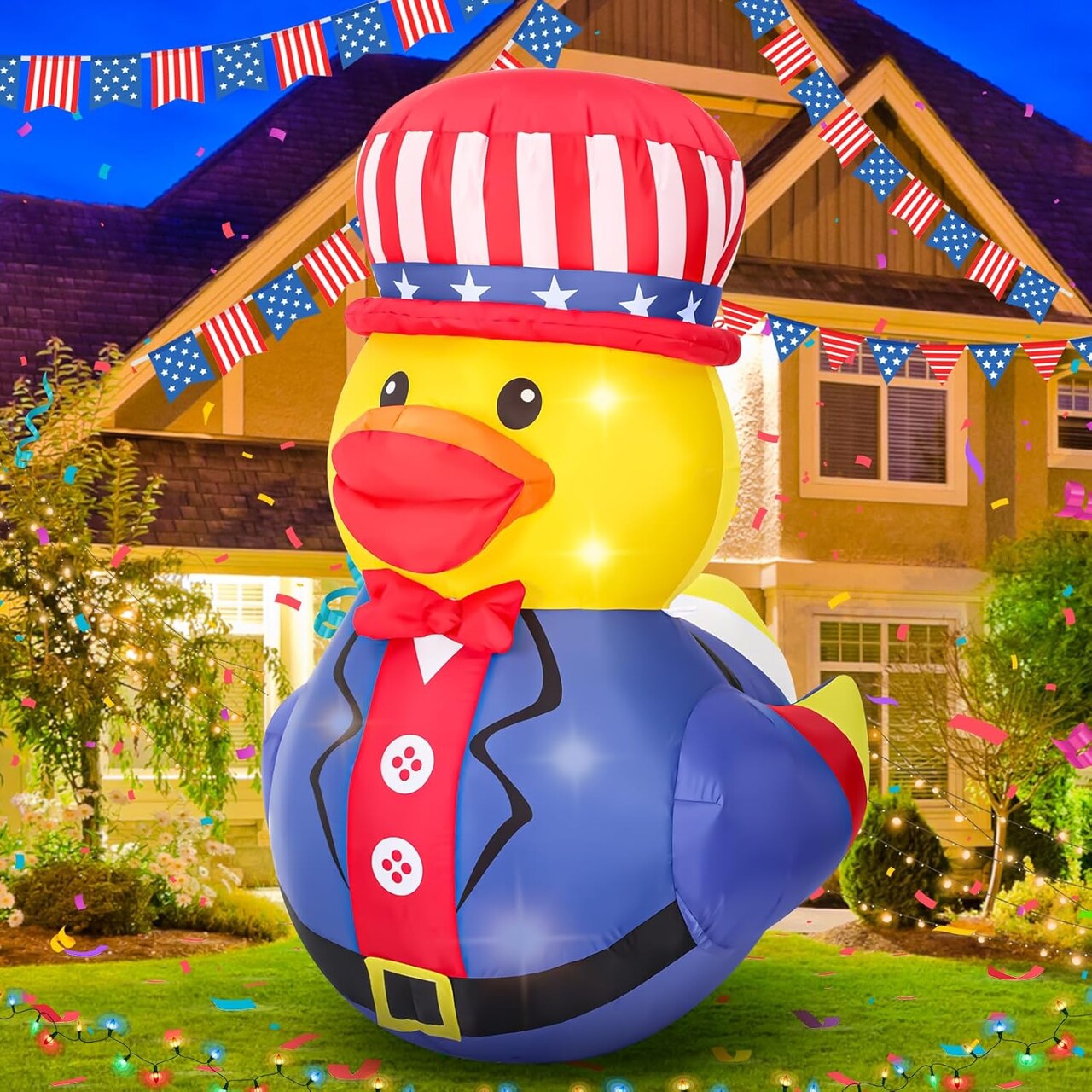 1 Set 5 ft Patriotic Inflatable Duck 4th of July Giant Inflatables Duck Outdoor Build-in LEDs Lights Blow Up Memorial Day Independence Day Decor for Car Parade Yard Patio Lawn